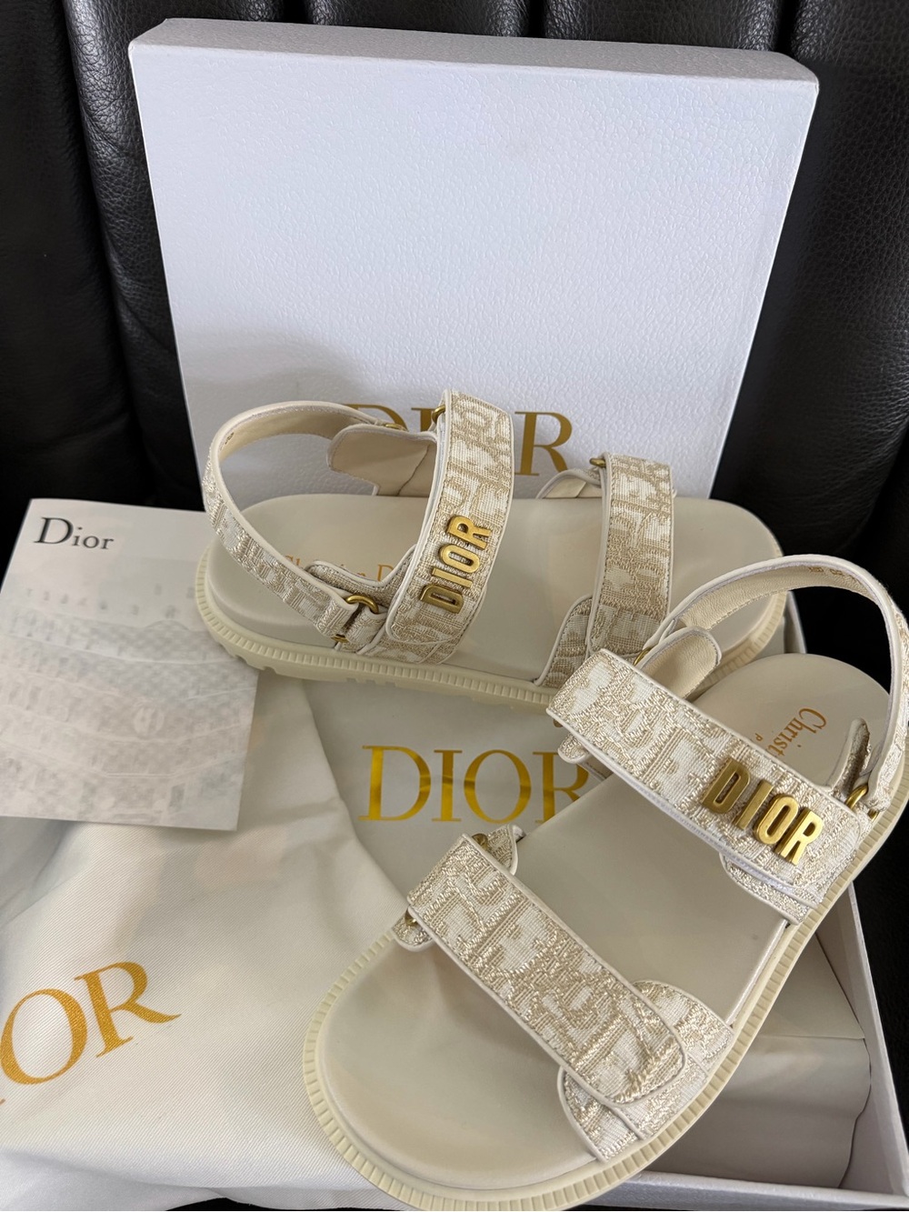 Dior Cream Logo Canvas Adjustable Strap Sandals with Gold DIOR Hardware